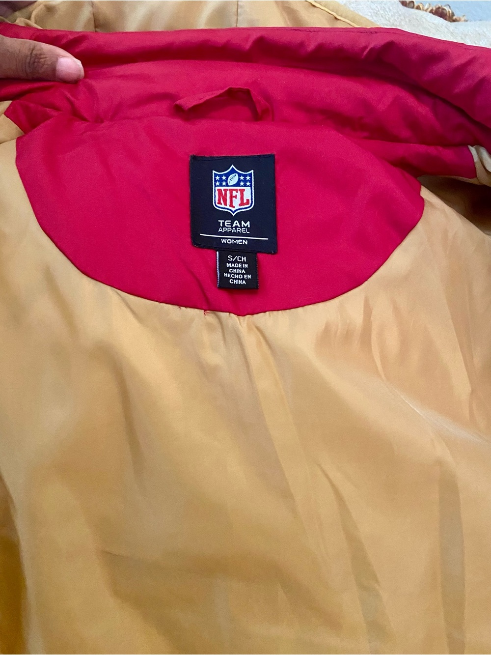 NFL Red Puffer Jacket with Cream and White Stripes - Picture 3 of 3
